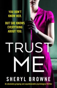 Book cover for Trust Me by Sheryl Browne, a woman in a pink dress tries to hide behind a curtain